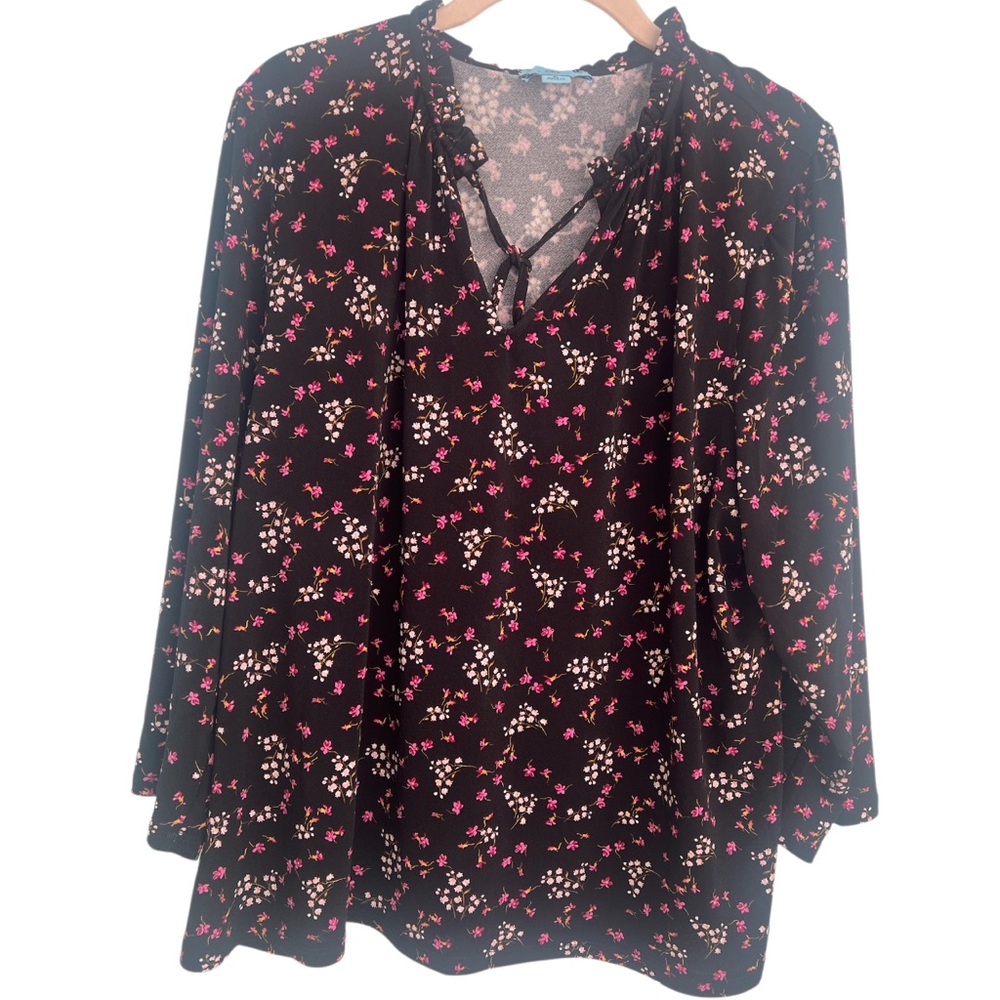 CeCe Black and Pink Floral Relaxed Tie Front 3/4 Sleeve Blouse XL